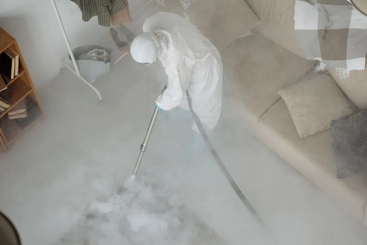 Biohazard cleanup technician in protective equipment, Altamonte Springs, FL